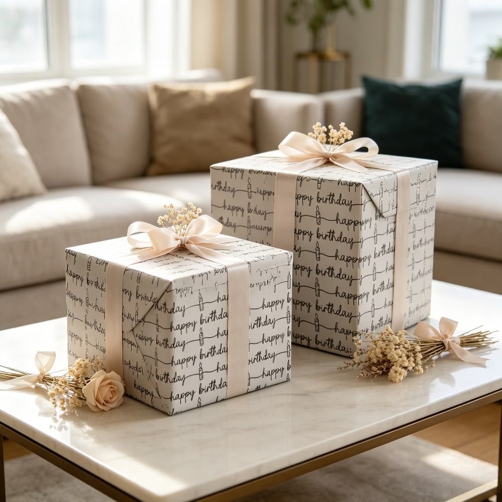 Gifts wrapped in boutique birthday wrapping paper