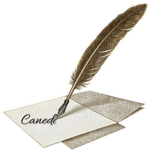 Vintage engraving of a quill pen held in the right hand, mid-stroke, writing the brand name Canede in cursive script on a Caneden P·Land greeting card