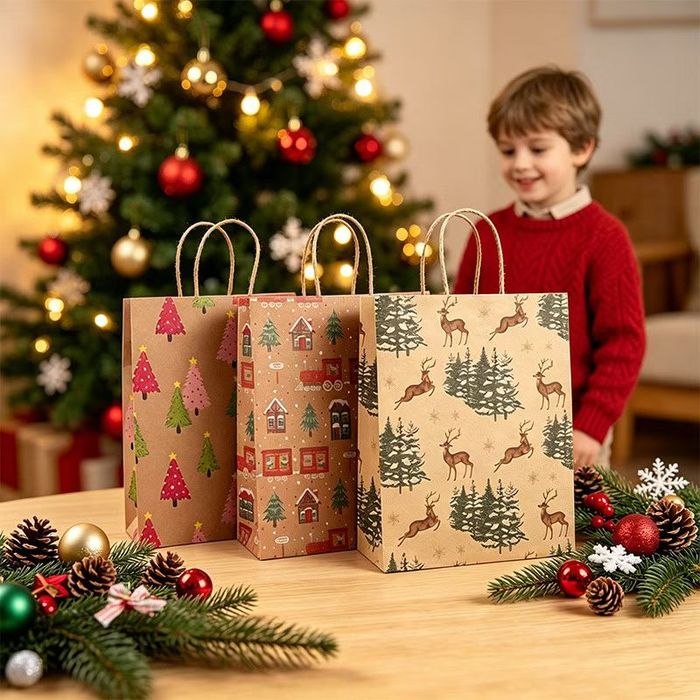 Kraft gift bags printed with Christmas trees and reindeer beside a lit Christmas tree