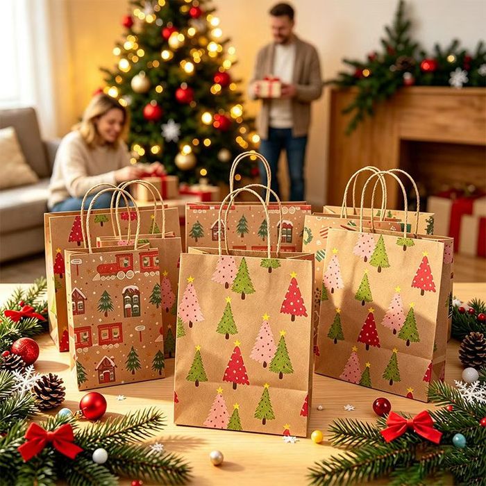 Family filling kraft Christmas print gift bags with presents at home