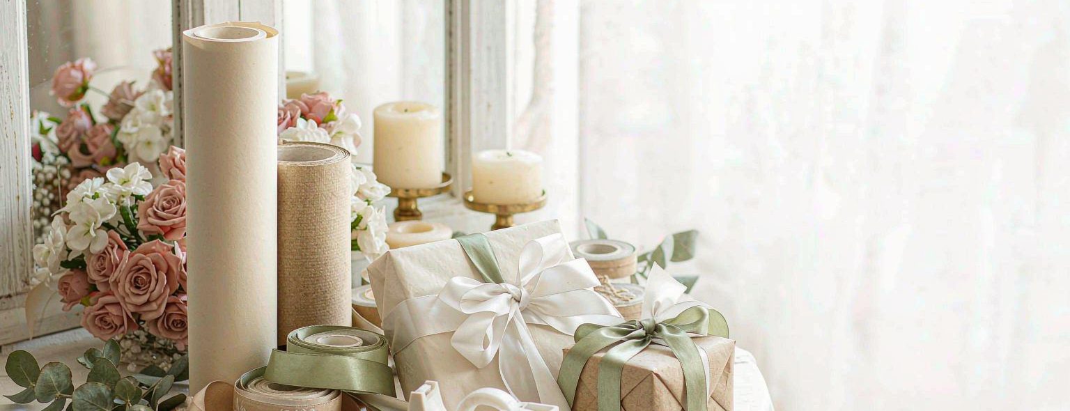 Gift wrapping scene with paper rolls, ribbons and wrapped gifts