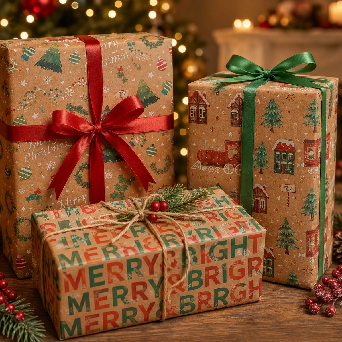 Christmas gifts wrapped in rustic kraft wrapping paper
