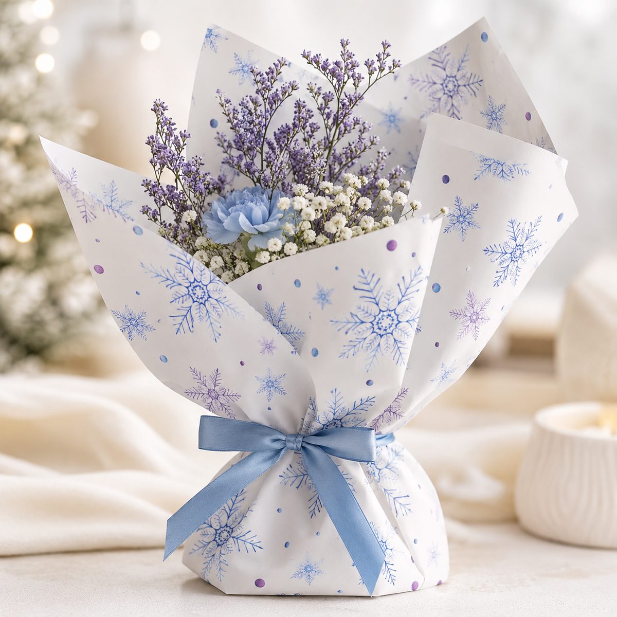 Bouquet wrapped in blue snowflake print wrapping paper