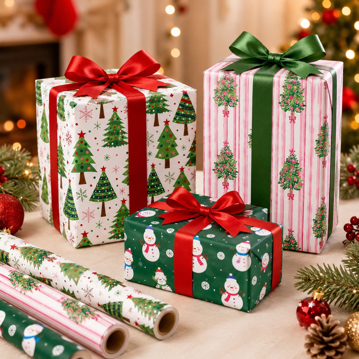 Christmas gifts wrapped in tree and snowman print wrapping paper