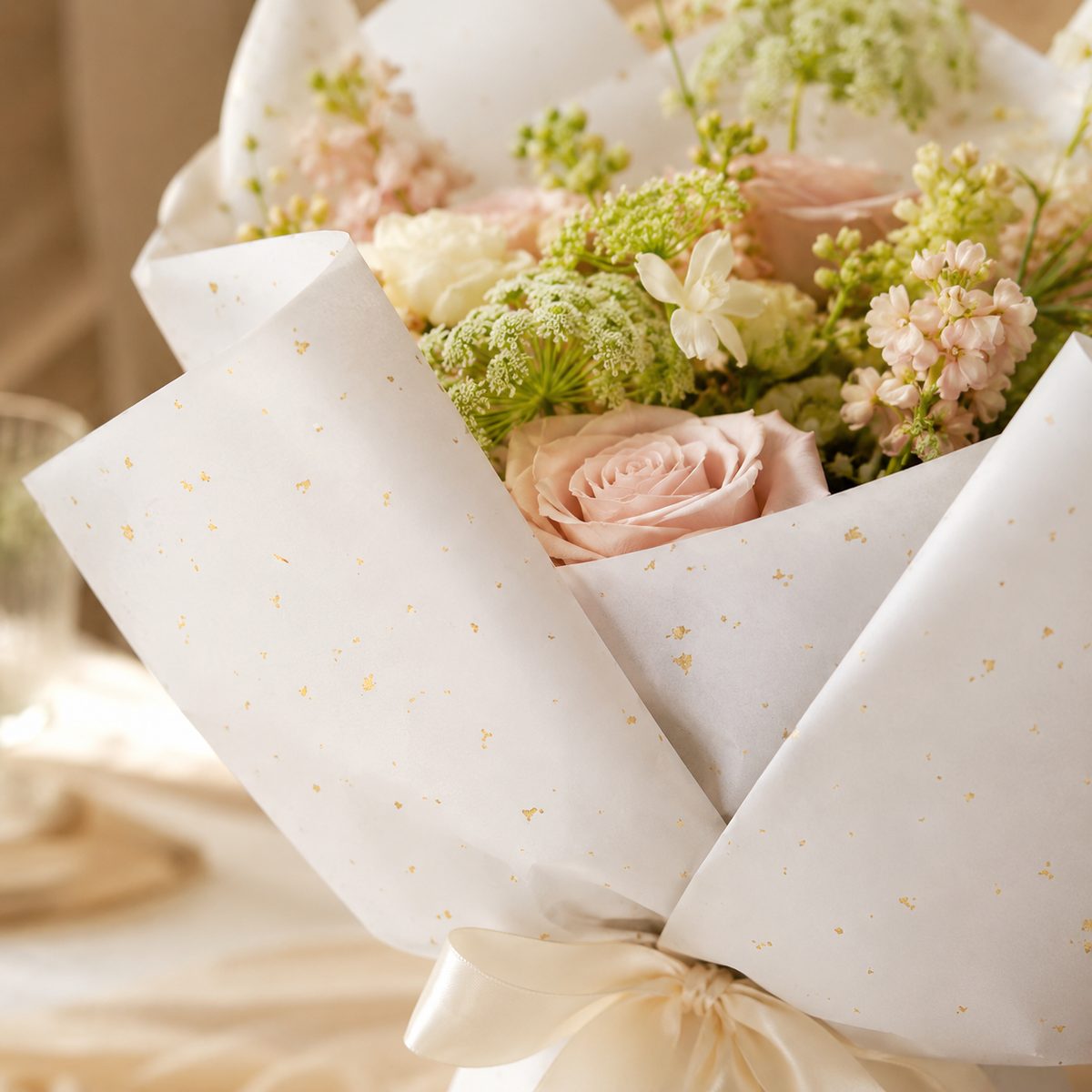 Bouquet wrapped in gold speckled wrapping paper